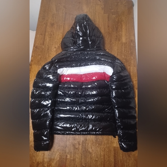 Men's Black Puffer Jacket with Red and White Stripes - Picture 2 of 12